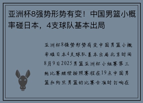 亚洲杯8强势形势有变！中国男篮小概率碰日本，4支球队基本出局